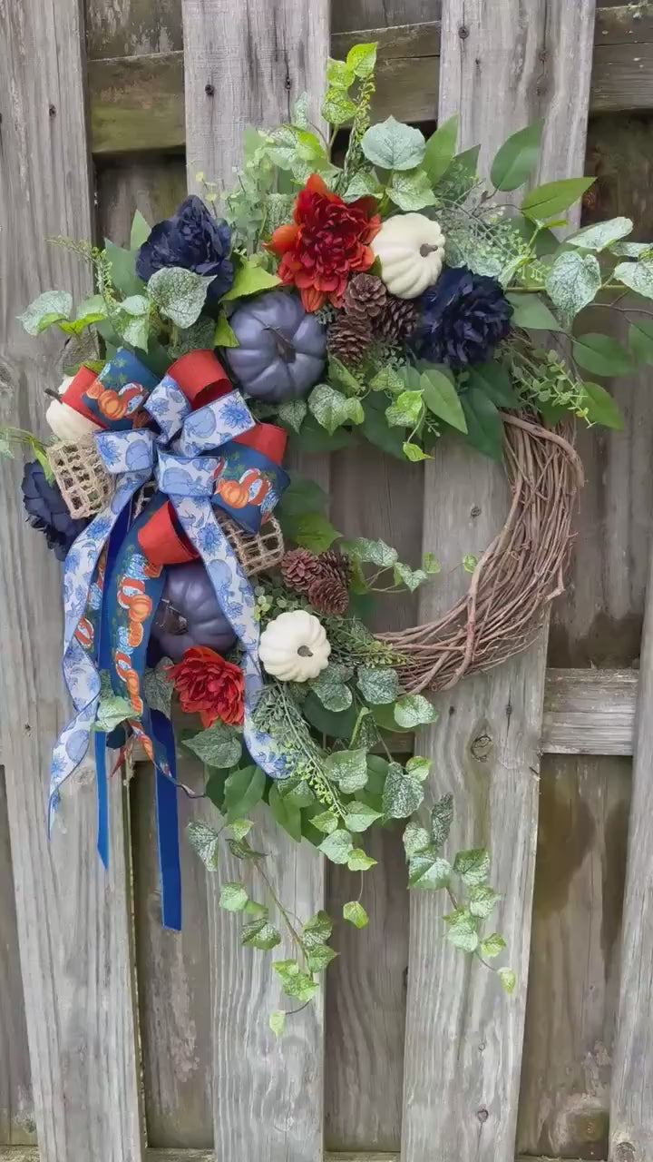 Fall front door blue pumpkin wreath