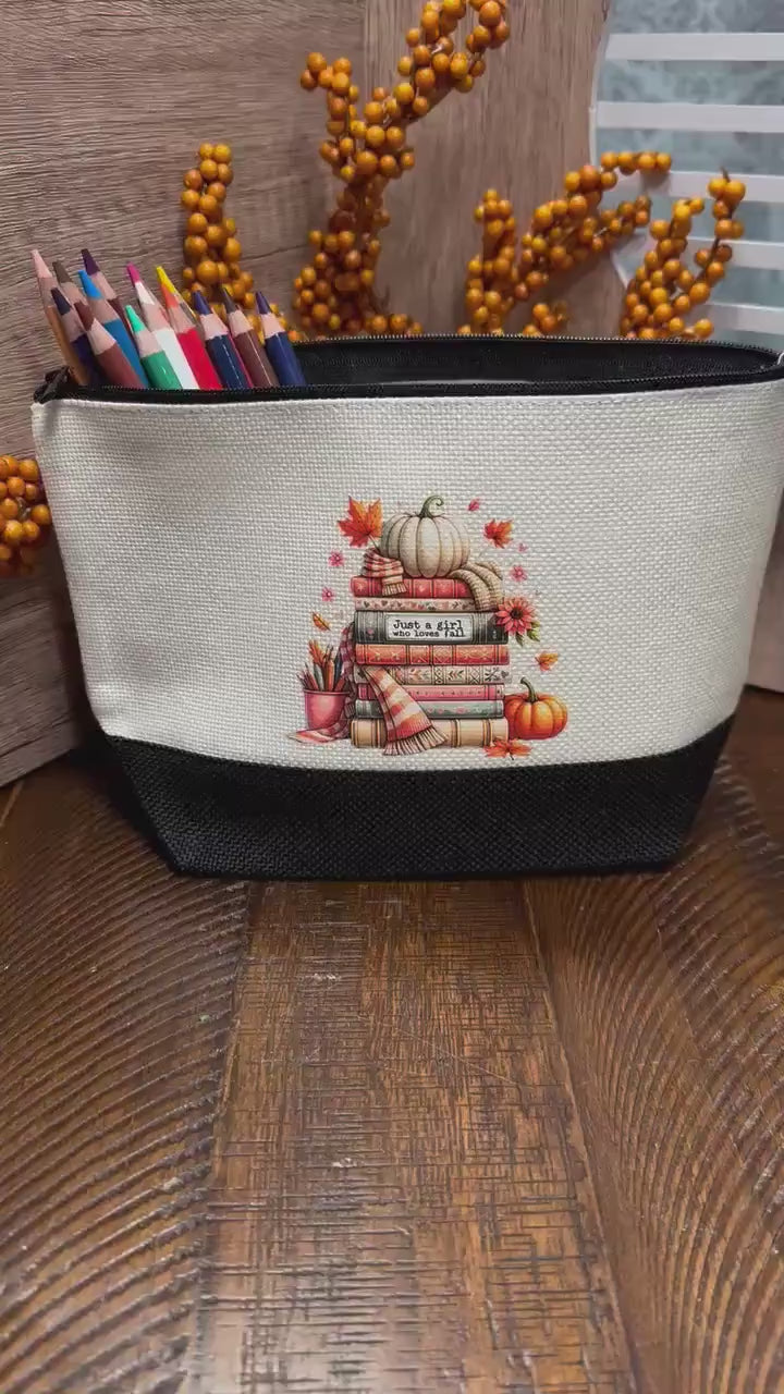 Personalized cosmetic bag for the fall and book lover. Pencil case. Matching accessories. Perfect custom gift!