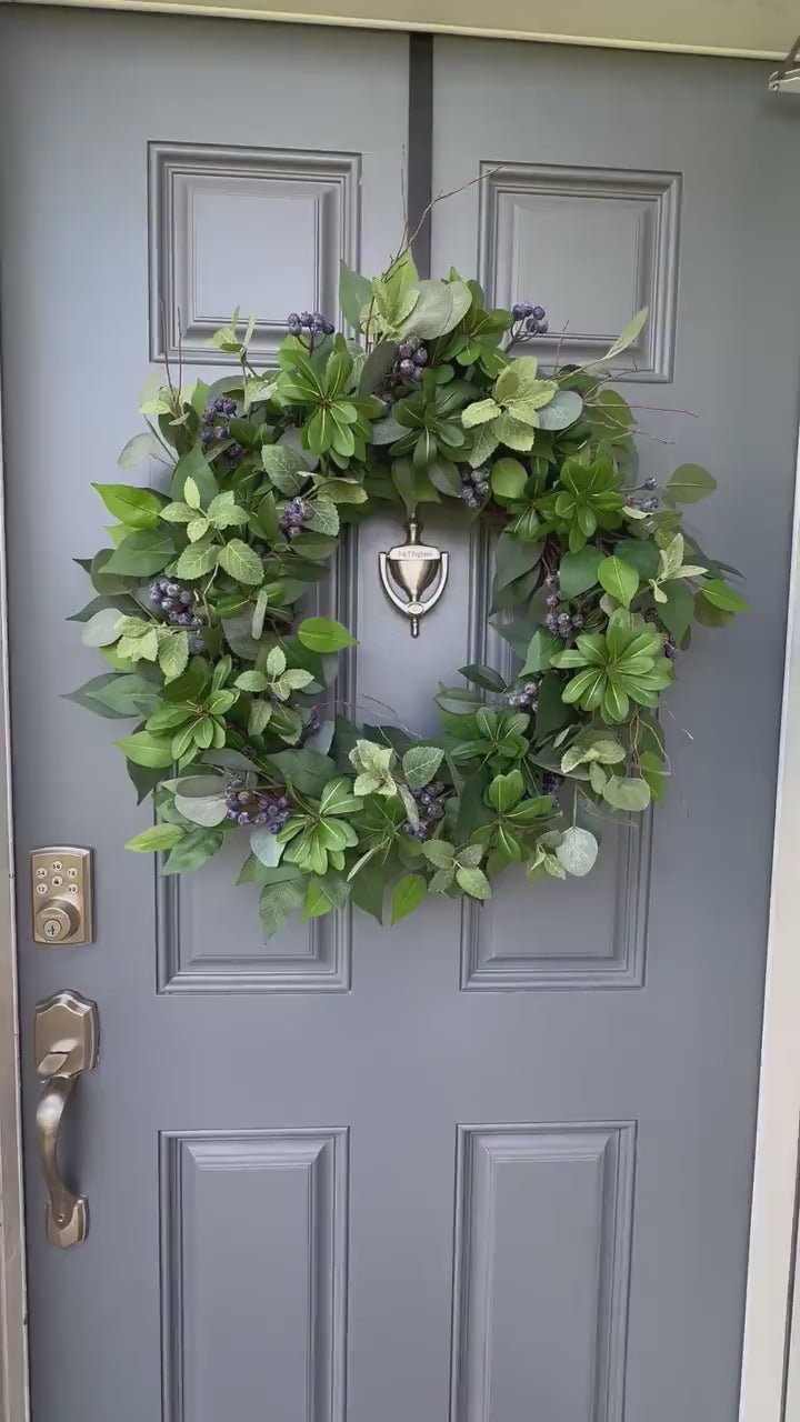 Evergreen and blueberry wreath, year round blueberry wreath, all season wreath with eucalyptus and evergreens with natural branches.