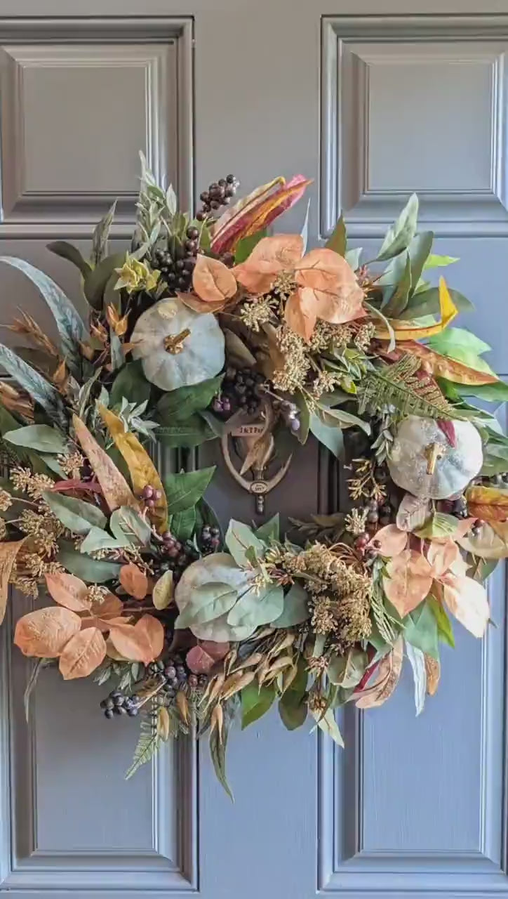 Video of Fall blue pumpkin wreath front door