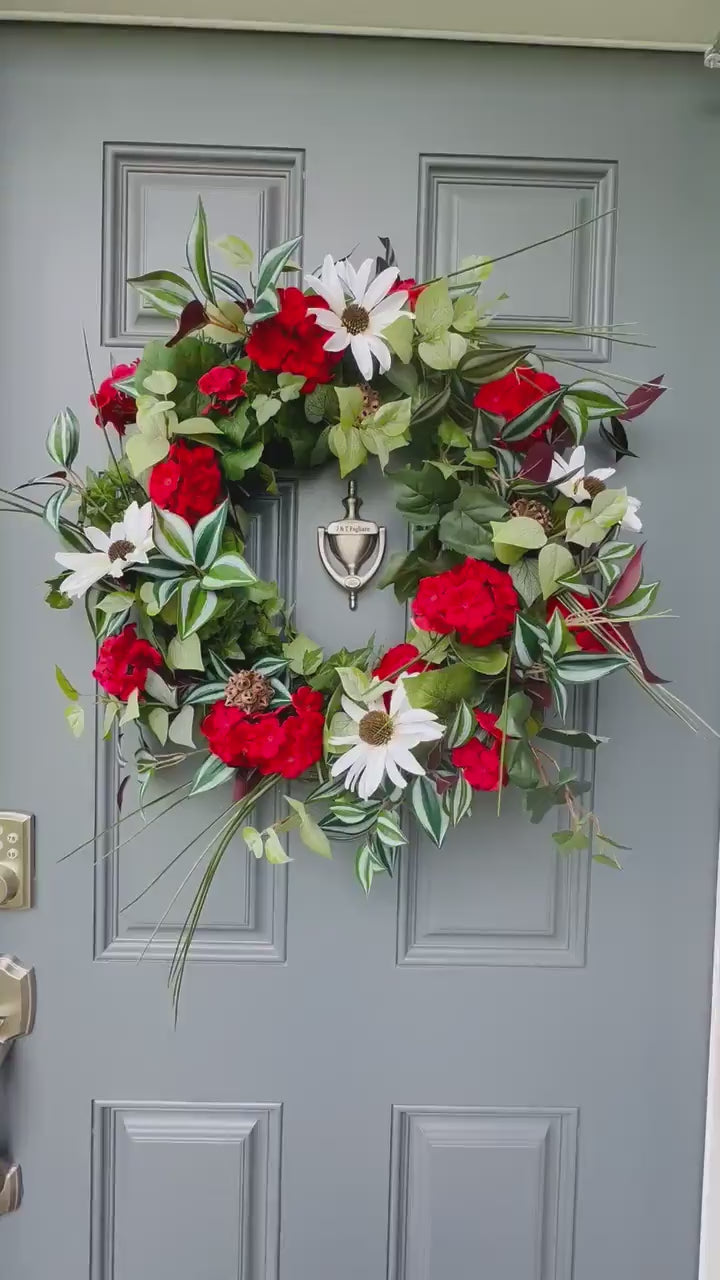 Front door geranium wreath