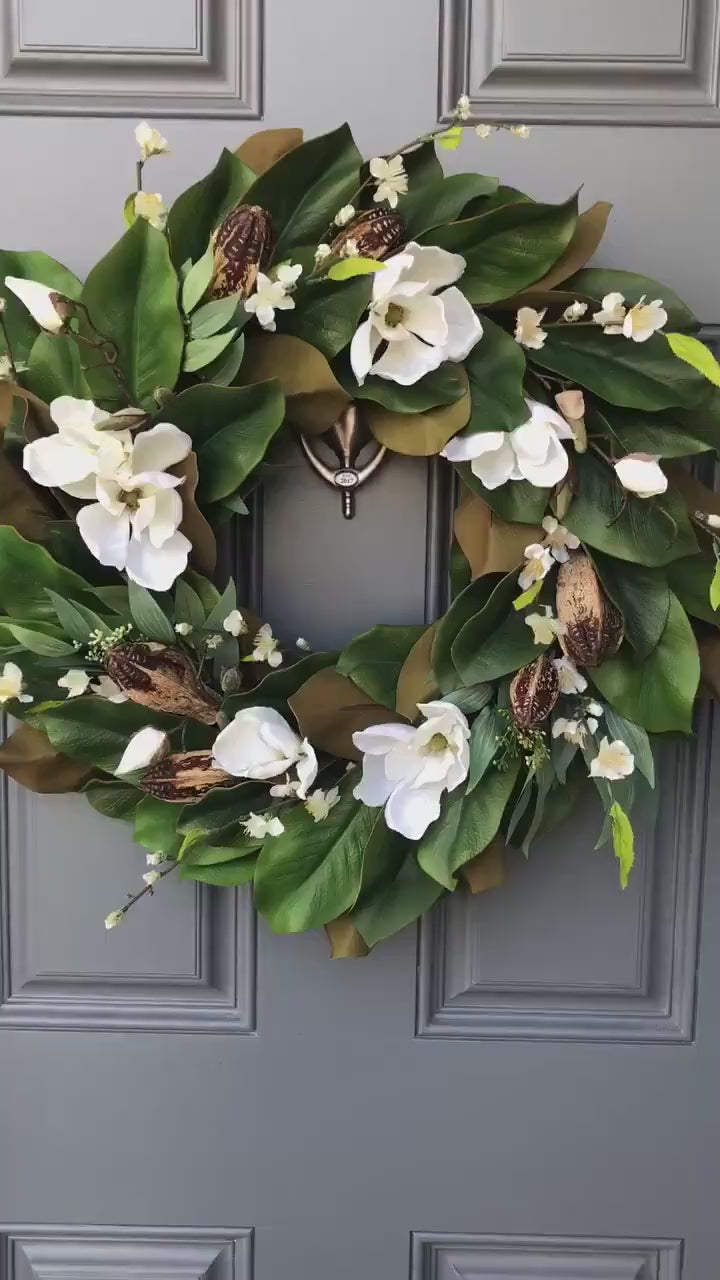 Classic Magnolia Wreath with White Flowers