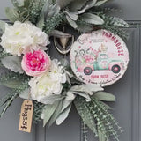 Valentines Day Wreath for Your Front Door with Charming Farmhouse Animals on a Metal Sign