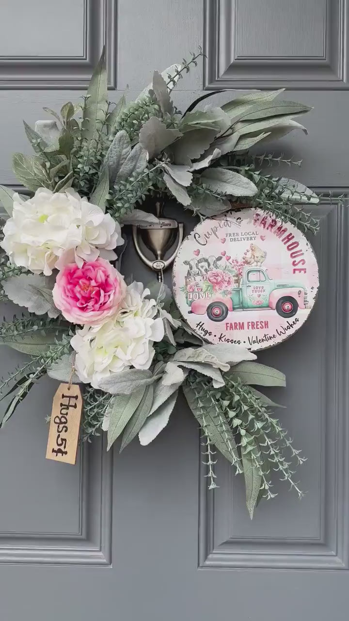 Valentines Day Wreath for Your Front Door with Charming Farmhouse Animals on a Metal Sign