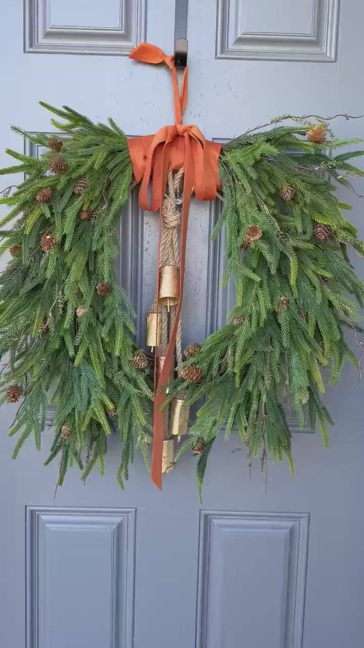 Fall greenery norfolk pine front door wreath with brass bells