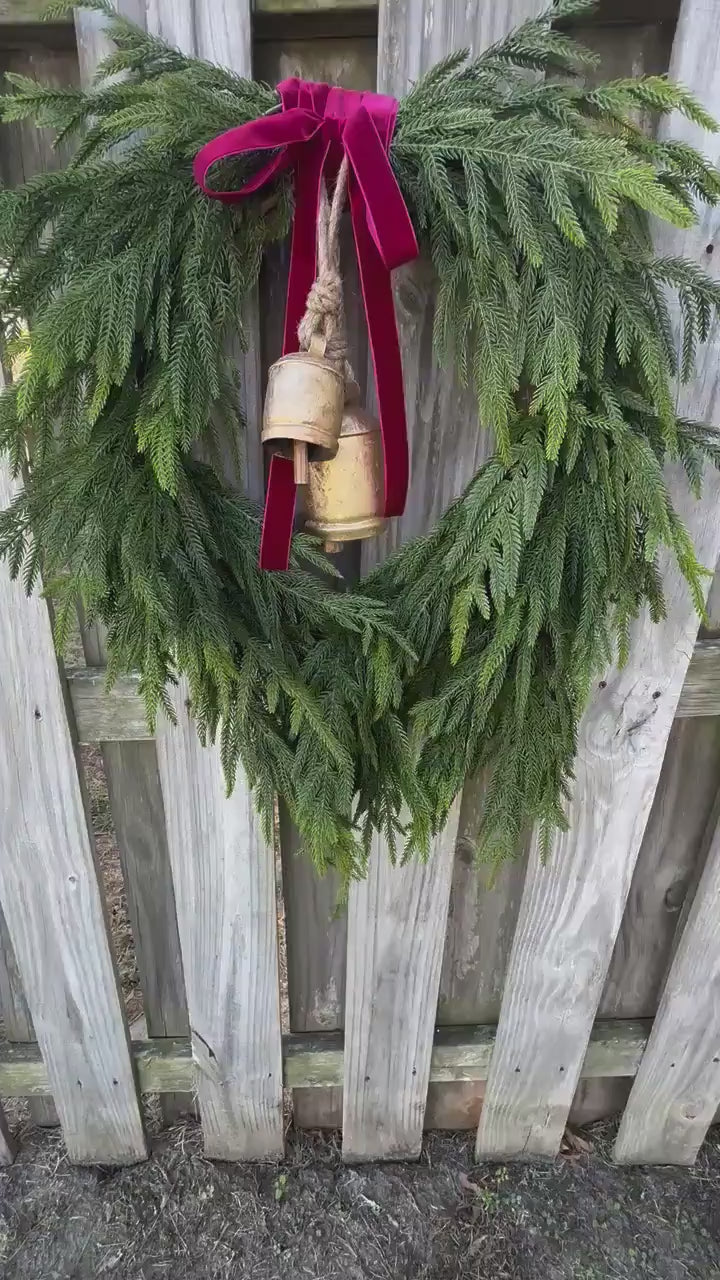 Norfolk pine front door wreath with brass bells