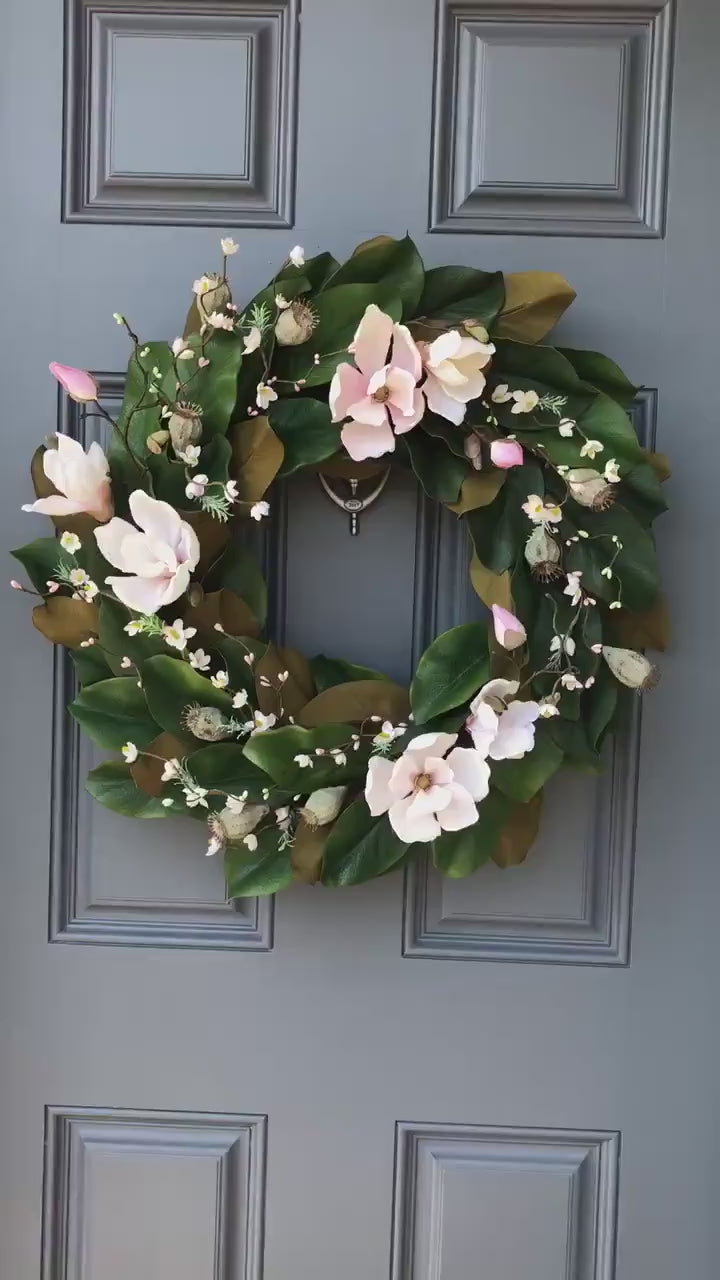 Magnolia Front Door Wreath, Modern Farmhouse Wreath Decor, Year Round Wreath, Cottagecore, Housewarming Gift, sizes 20”, 24”, 30”