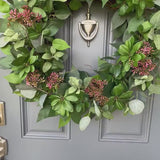 Handcrafted Faux Greenery Wreath with Pink Sedum Accents and branches - Perfect for Front Door