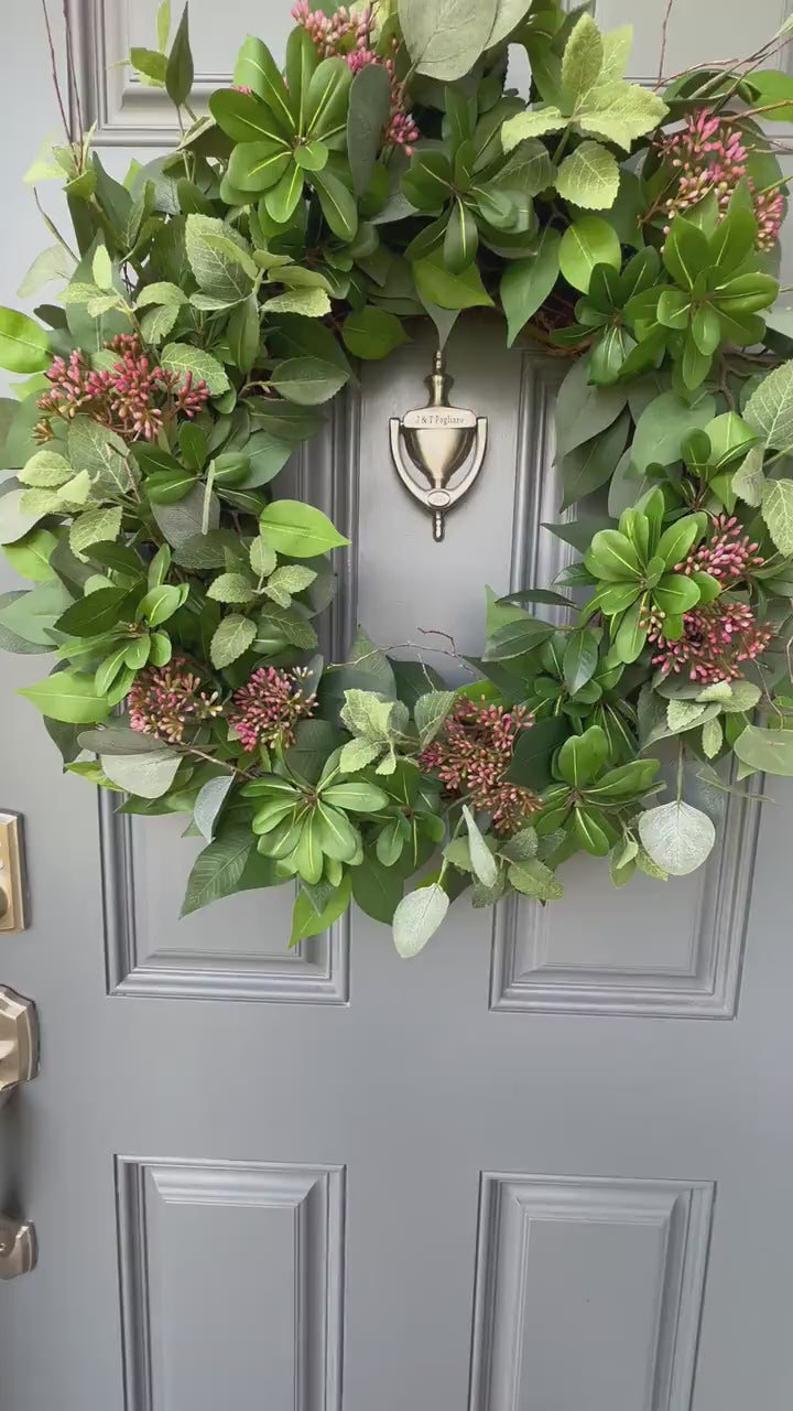 Handcrafted Faux Greenery Wreath with Pink Sedum Accents and branches - Perfect for Front Door