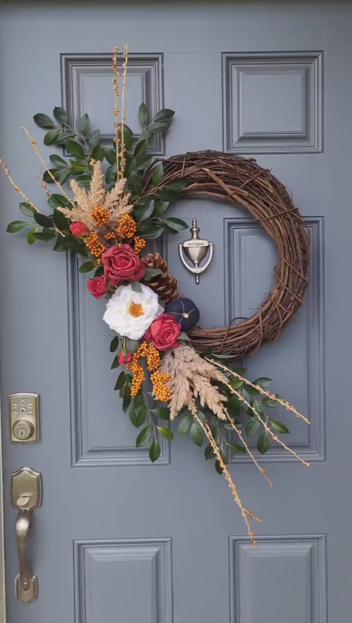 Fall modern boho wreath, Autumn front door wreath, Home decor, Farmhouse style wreath, pumpkin wreath, unique fall designed wreath