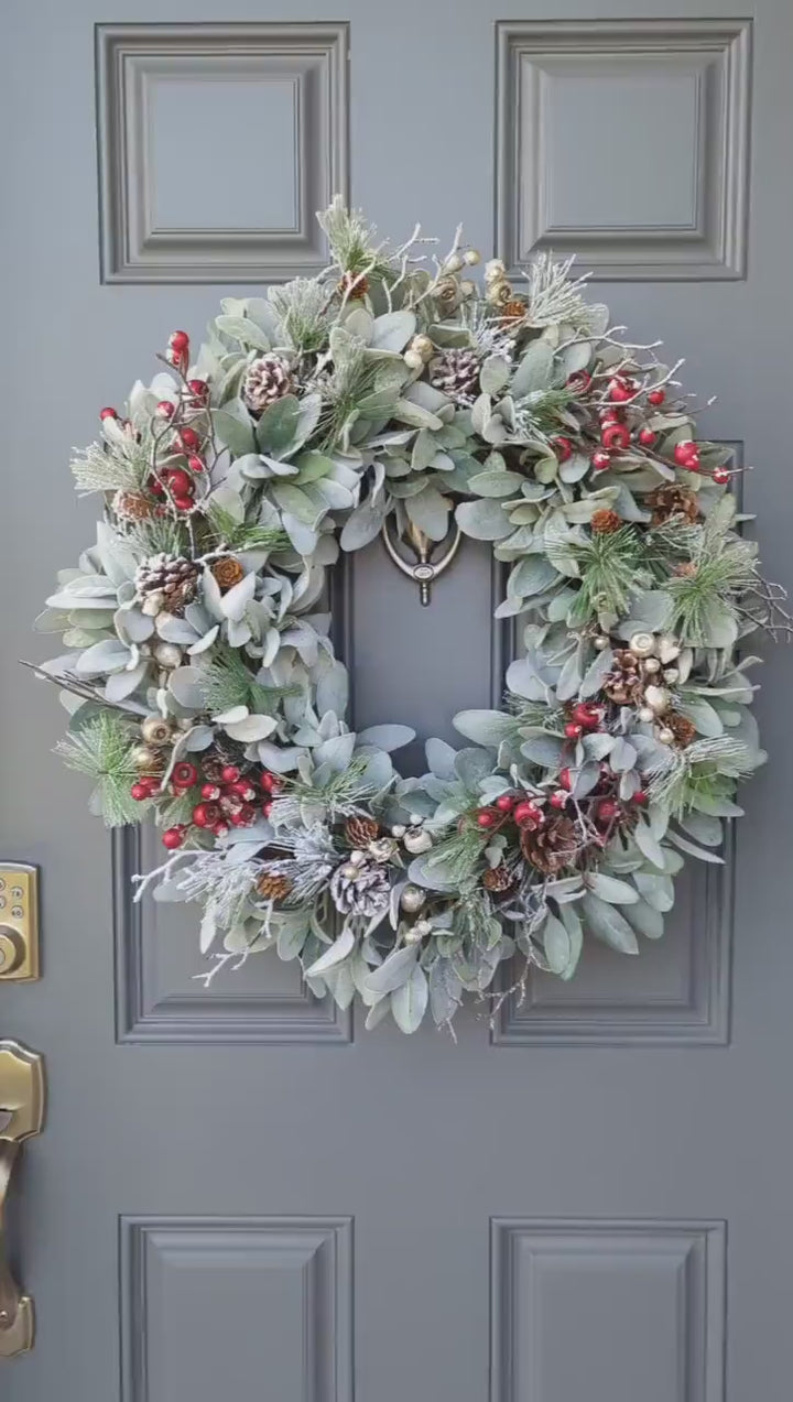 Winter Wreath | Lambs Ear | Pinecones | Snow Flocked | Christmas Wreath | Front Door Decor | Wall Decor