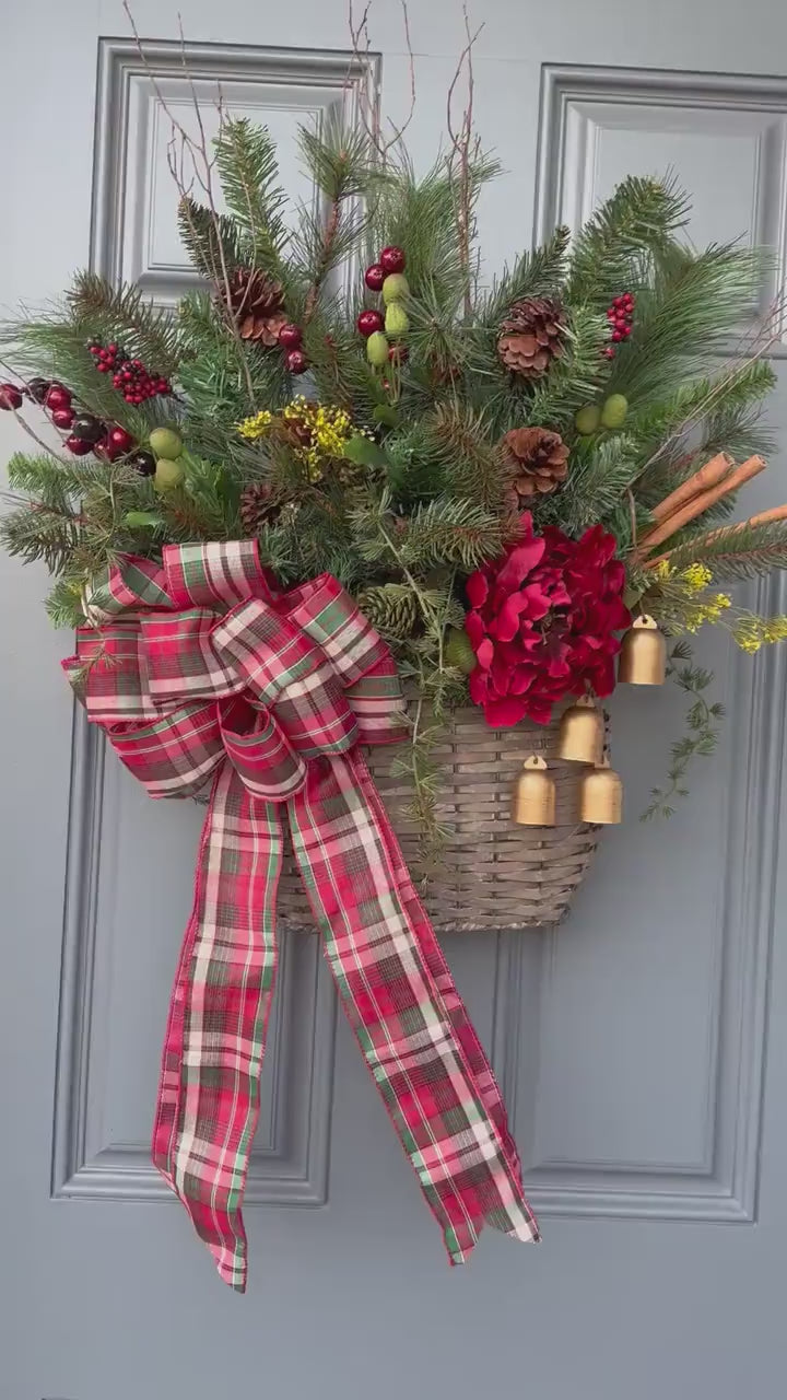 Winter Christmas front door basket wreath perfect for your porch or entryway! This basket has a stunning coordinating wreath.