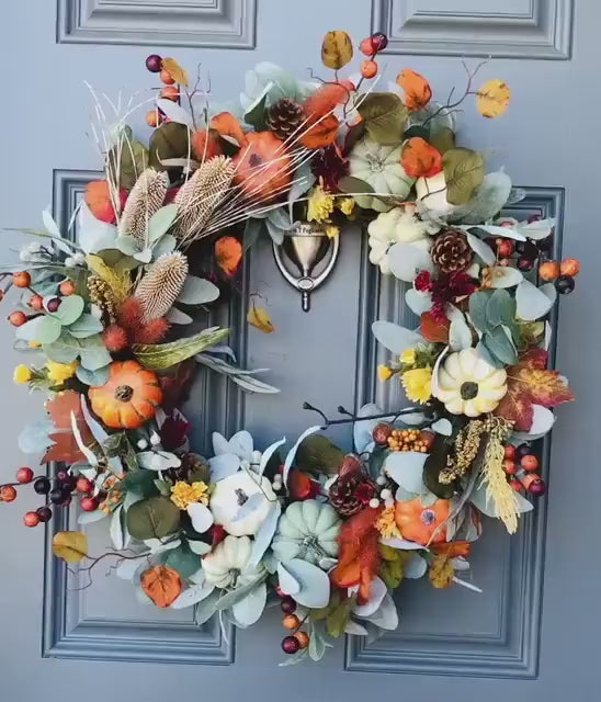 Fall front door rustic wreath, lambs ear farmhouse design, natural elements, perfect for the entire fall season, Thanksgiving, 20” and  24”.