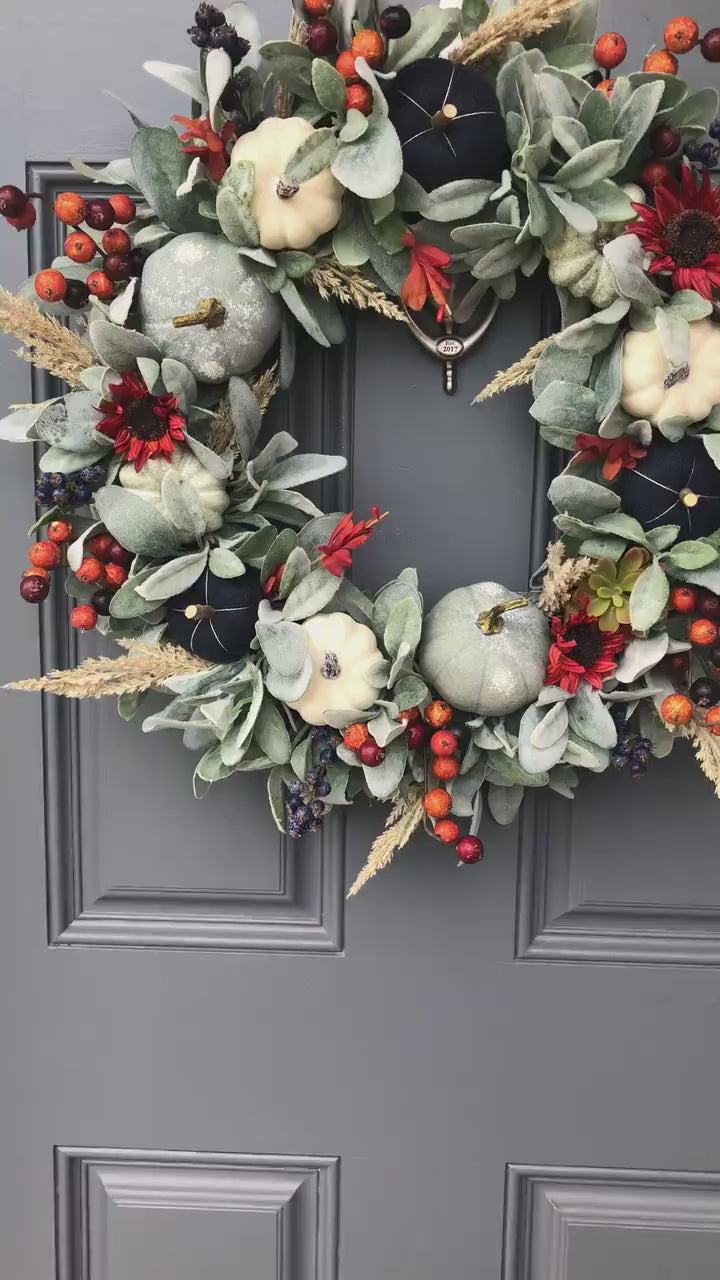 Fall lambs ear and blue pumpkin wreath, front door autumn blue, rust, orange pumpkin wreath, unique pumpkin wreath, thanksgiving wreath