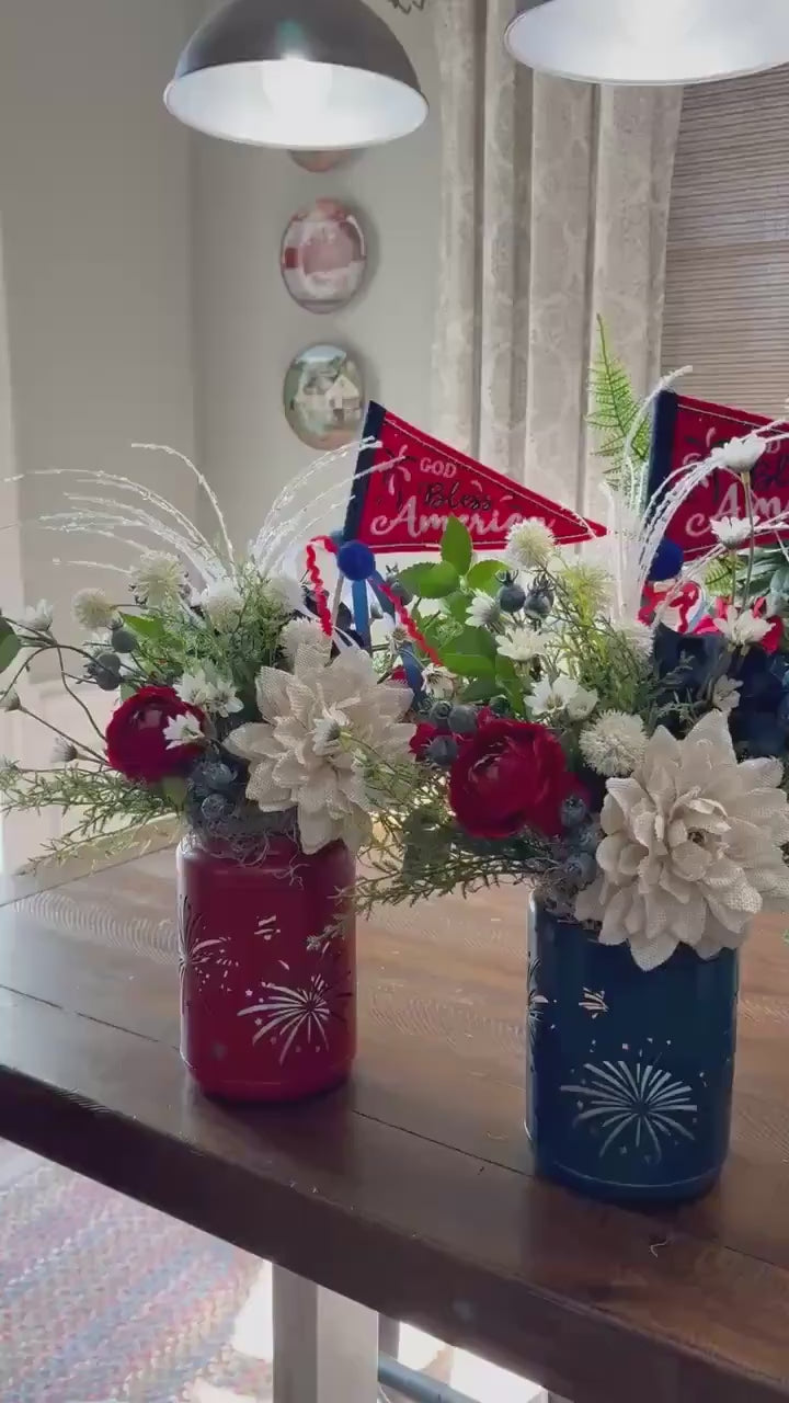 Patriotic Floral Red White Blue table centerpiece in dough bowl