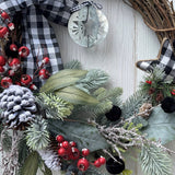 Quaint Country Christmas Wreath Snowy Pine with Buffalo Check Bow and Tin Star Ornament. 22 Inches in Diameter.