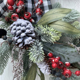 Quaint Country Christmas Wreath Snowy Pine with Buffalo Check Bow and Tin Star Ornament. 22 Inches in Diameter.