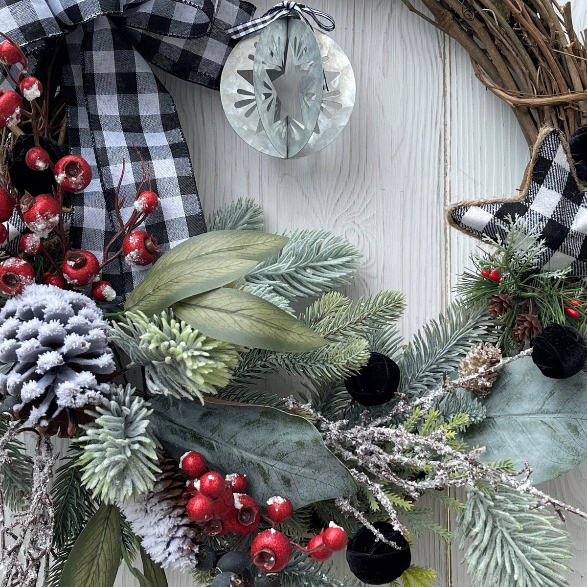 Quaint Country Christmas Wreath Snowy Pine with Buffalo Check Bow and Tin Star Ornament. 22 Inches in Diameter.