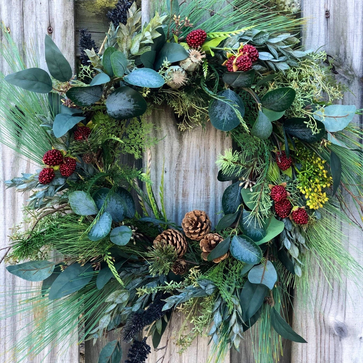 Rustic farmhouse wreath front door in a natural design. Unique evergreen wreath for nature lovers!