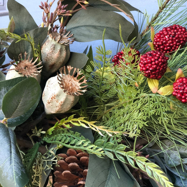 Rustic farmhouse wreath front door in a natural design. Unique evergreen wreath for nature lovers!