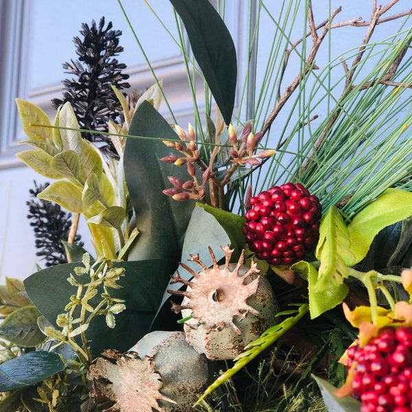 Rustic farmhouse wreath front door in a natural design. Unique evergreen wreath for nature lovers!