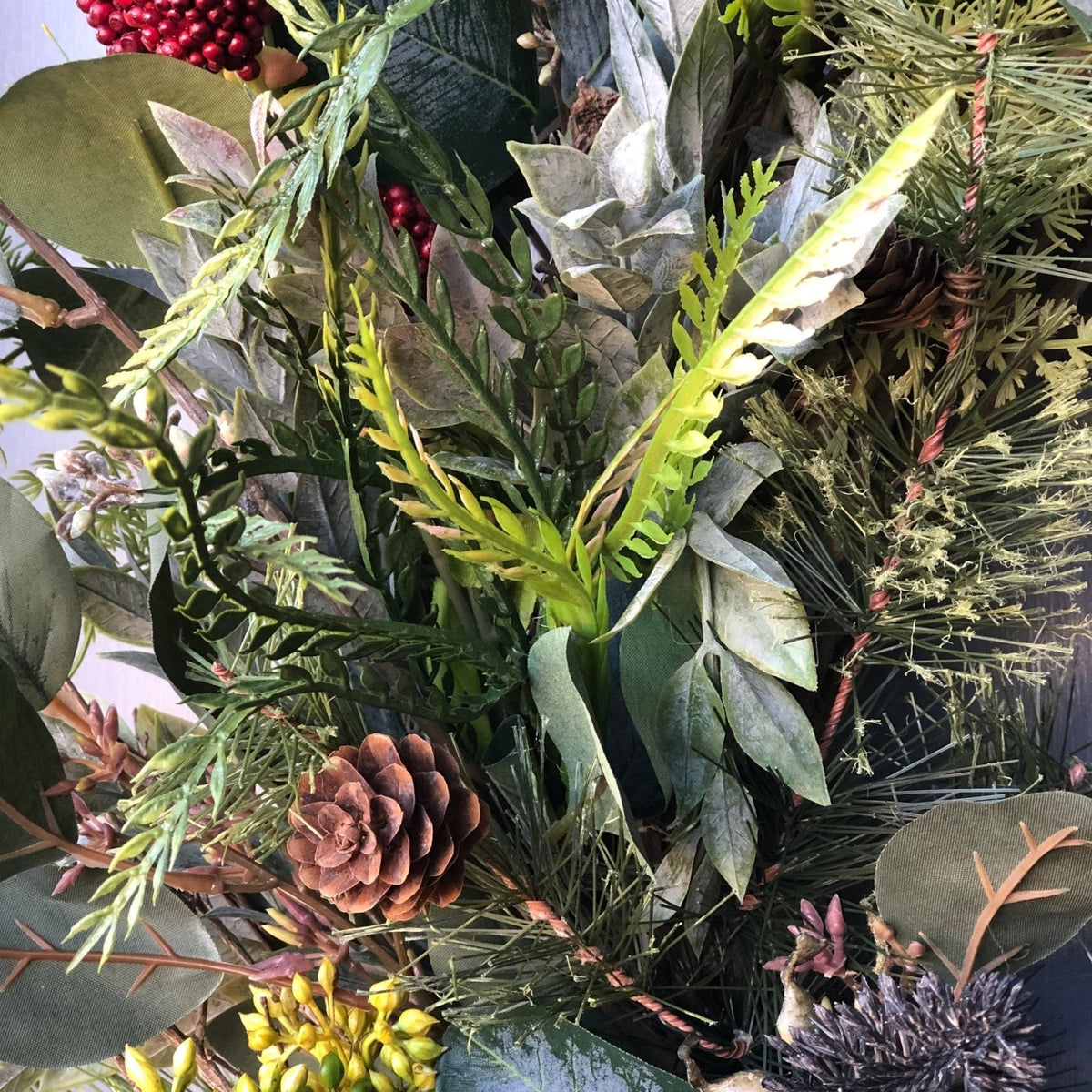 Rustic farmhouse wreath front door in a natural design. Unique evergreen wreath for nature lovers!