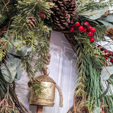 Rustic holiday winter wreath with brass bell. Faux natural wreath for entire season. Available with Red or Blue Berries.