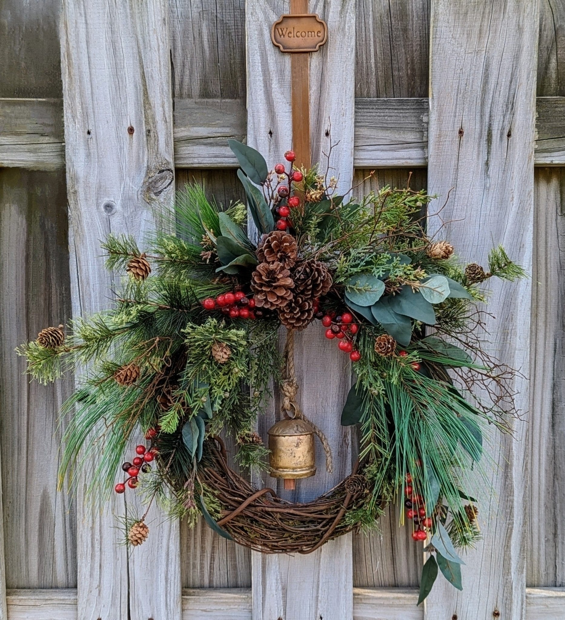 Winter pine wreath authentic with bells - frosted swag wreath - bell wreath - Christmas wreath