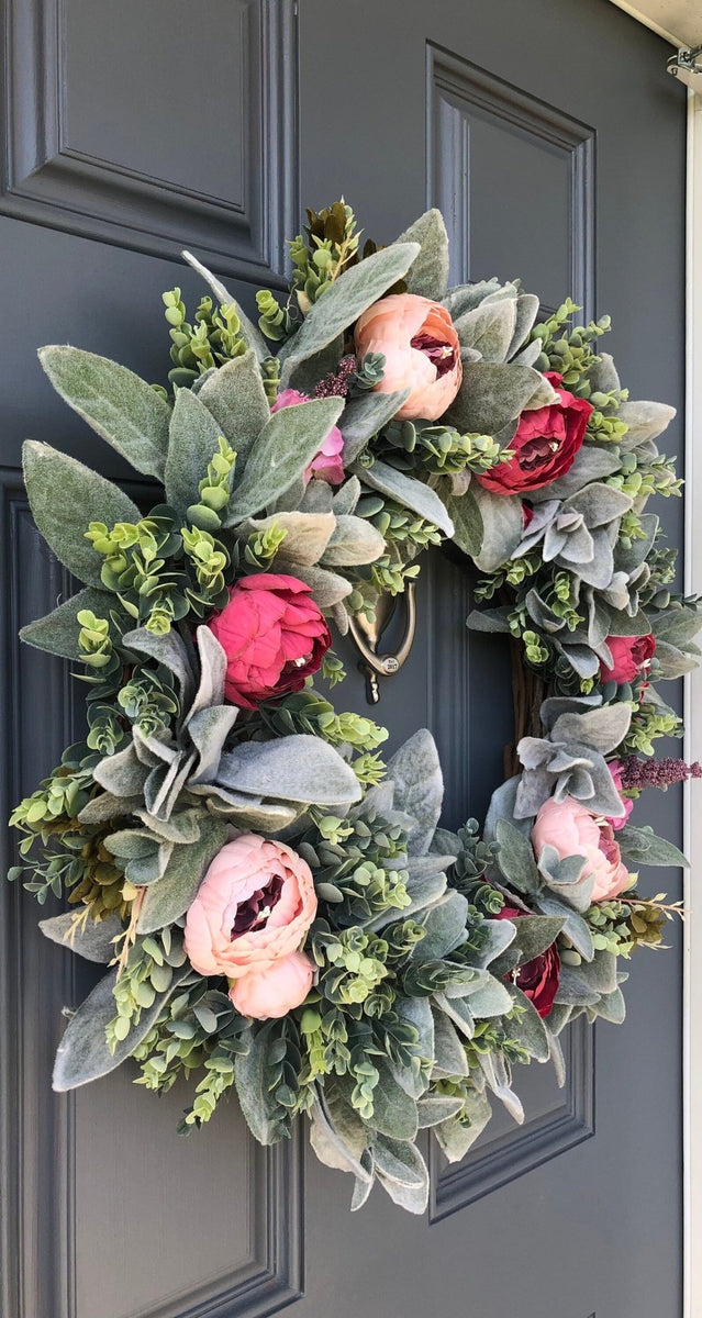 Spring front door wreath with lambs ear, peonies