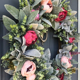 Spring front door wreath with lambs ear, peonies