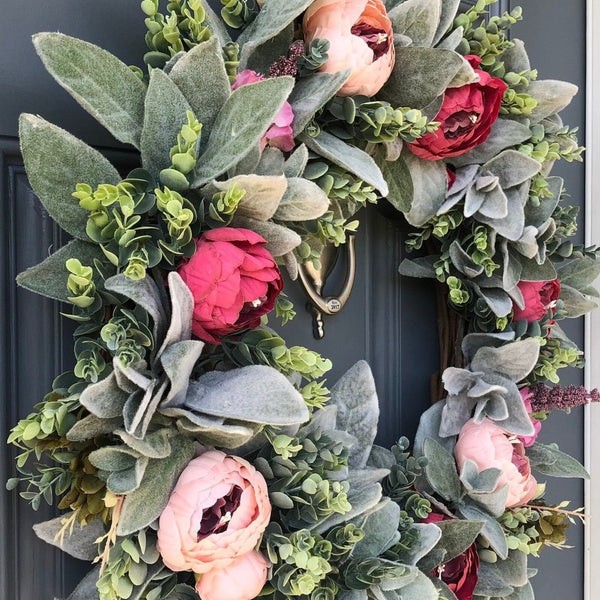 Spring front door wreath with lambs ear, peonies