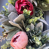 Spring front door wreath with lambs ear, peonies