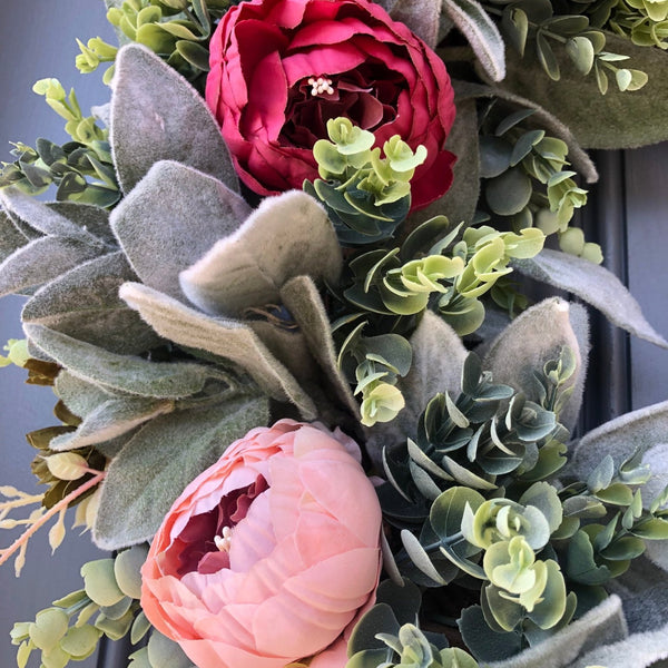 Spring front door wreath with lambs ear, peonies