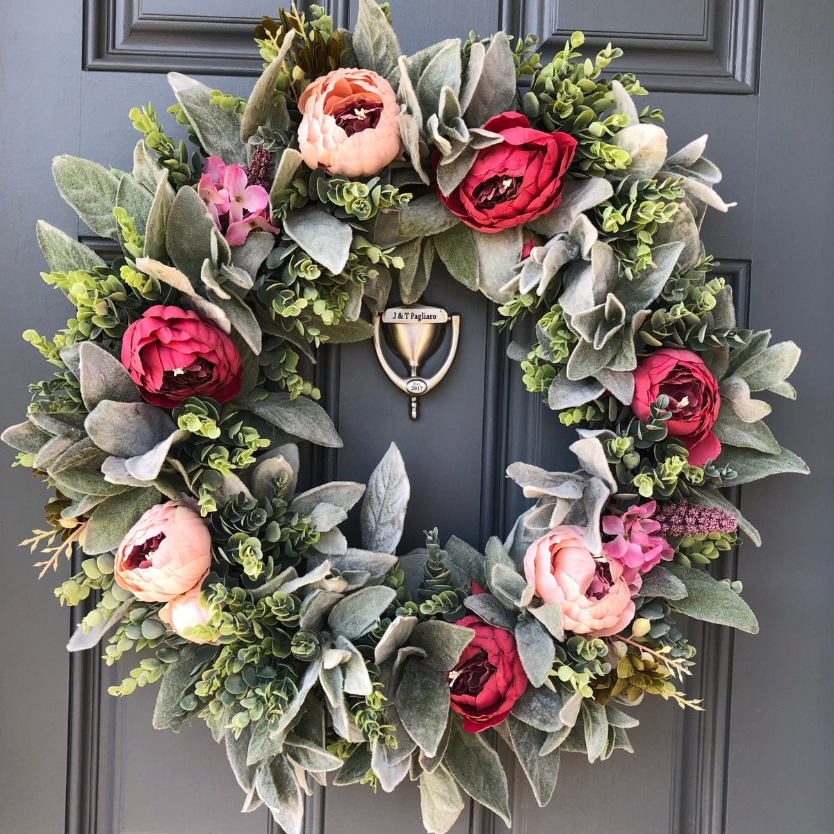 Spring front door wreath with lambs ear, peonies