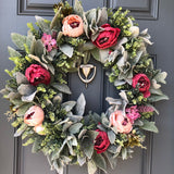 Spring front door wreath with lambs ear, peonies