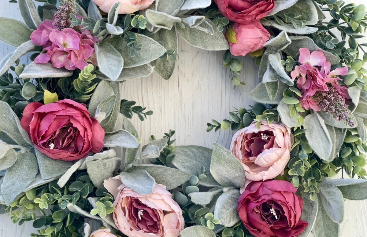 Spring front door wreath with lambs ear, peonies