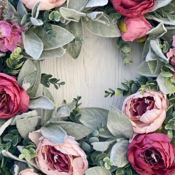 Spring front door wreath with lambs ear, peonies