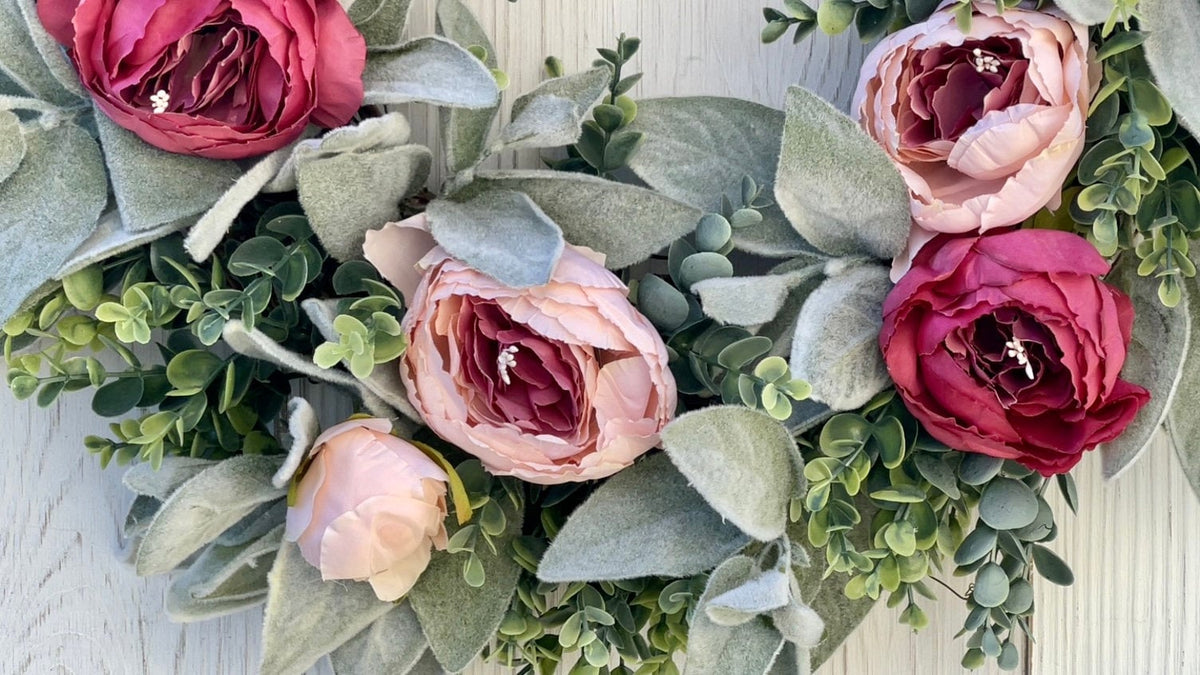 Spring front door wreath with lambs ear, peonies