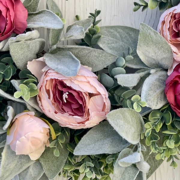 Spring front door wreath with lambs ear, peonies