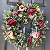 Spring front door wreath with lambs ear, peonies