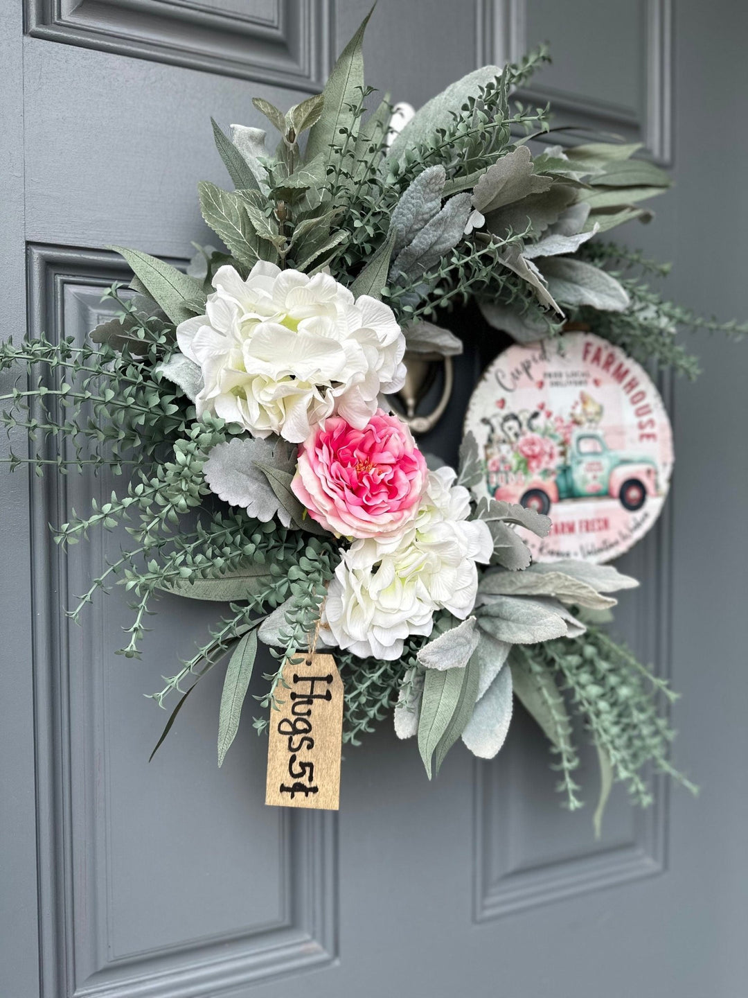 Valentines Day Wreath for Your Front Door with Charming Farmhouse Animals on a Metal Sign