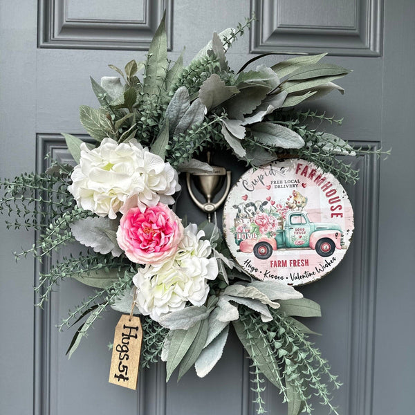 Valentines Day Wreath for Your Front Door with Charming Farmhouse Animals on a Metal Sign