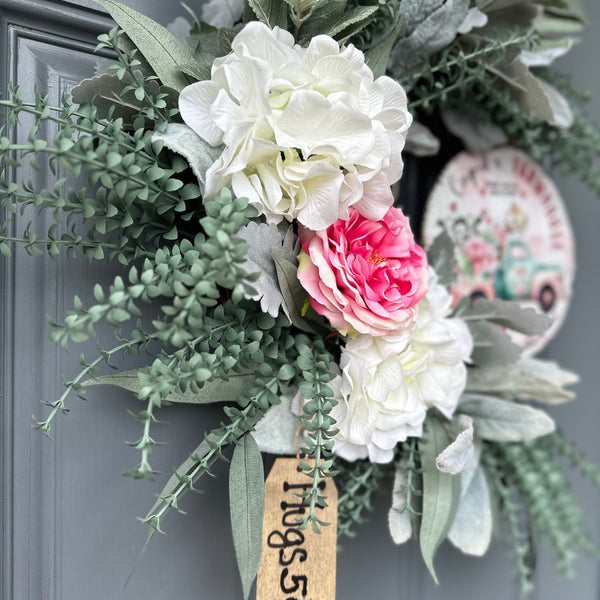 Valentines Day Wreath for Your Front Door with Charming Farmhouse Animals on a Metal Sign