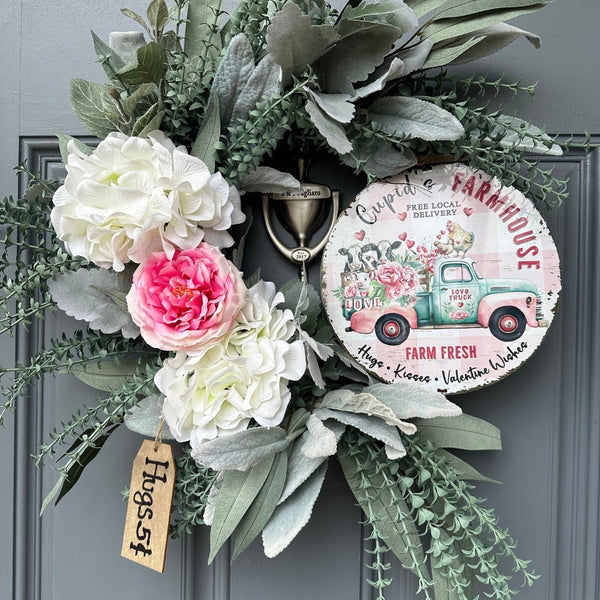 Valentines Day Wreath for Your Front Door with Charming Farmhouse Animals on a Metal Sign