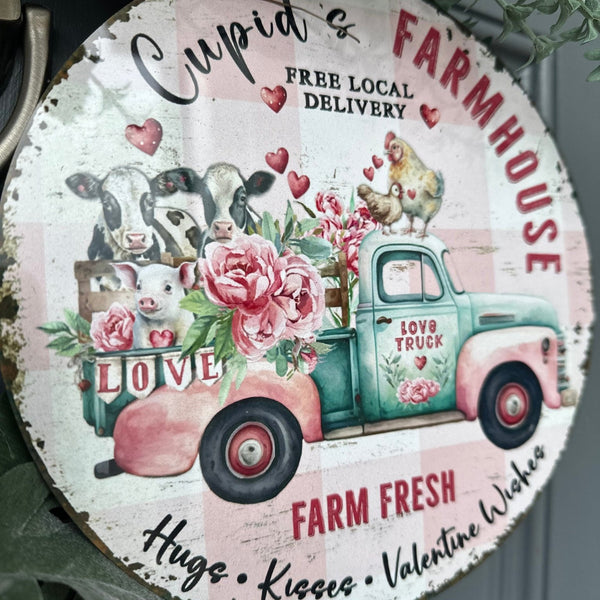 Valentines Day Wreath for Your Front Door with Charming Farmhouse Animals on a Metal Sign