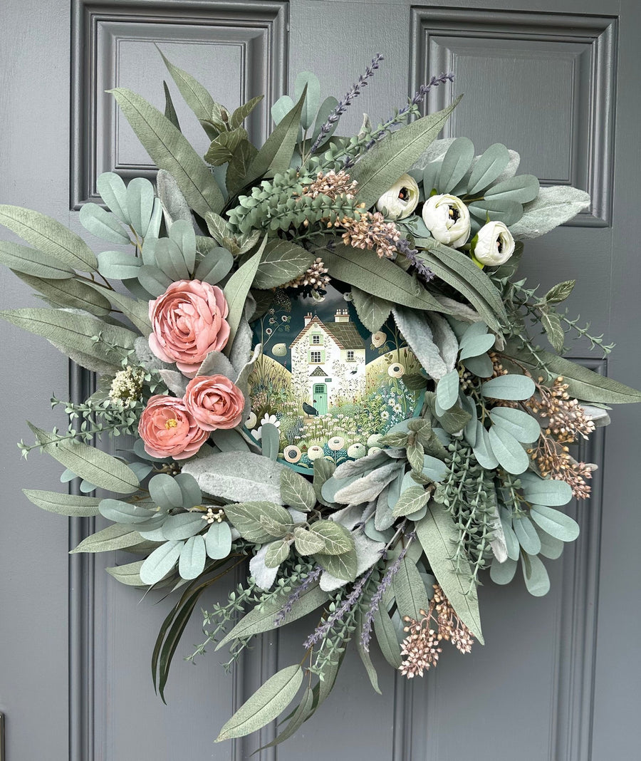 Whimsical Front Door Wreath with a quilted storage bag