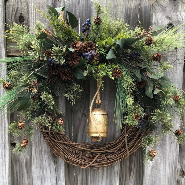 Winter wreath rustic gold bell 20” - 24”-30”-36” front door