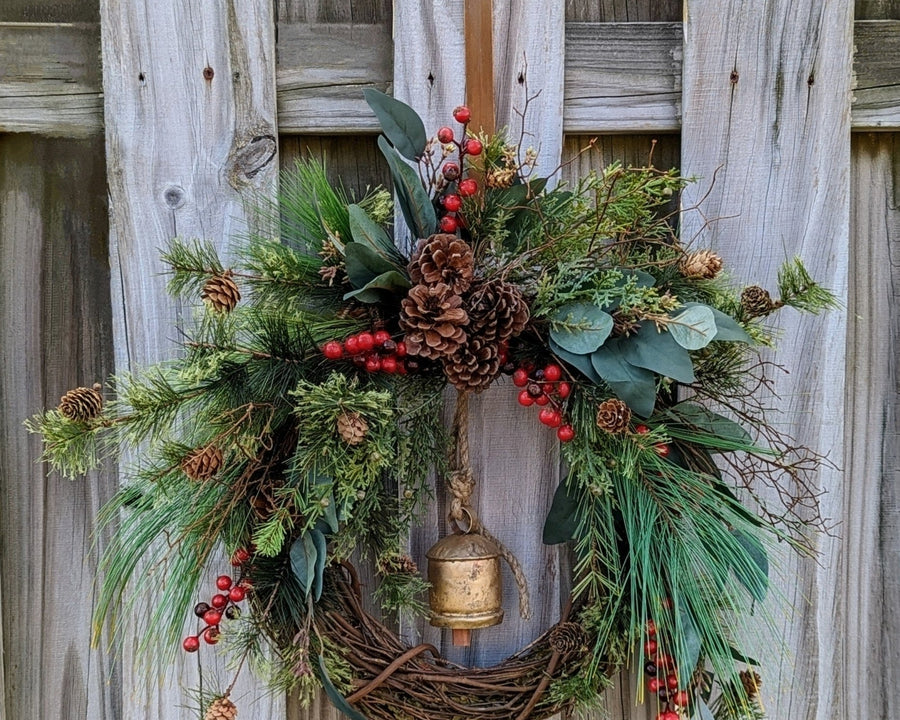 Winter wreath rustic gold bell 20” - 24”-30”-36” front door