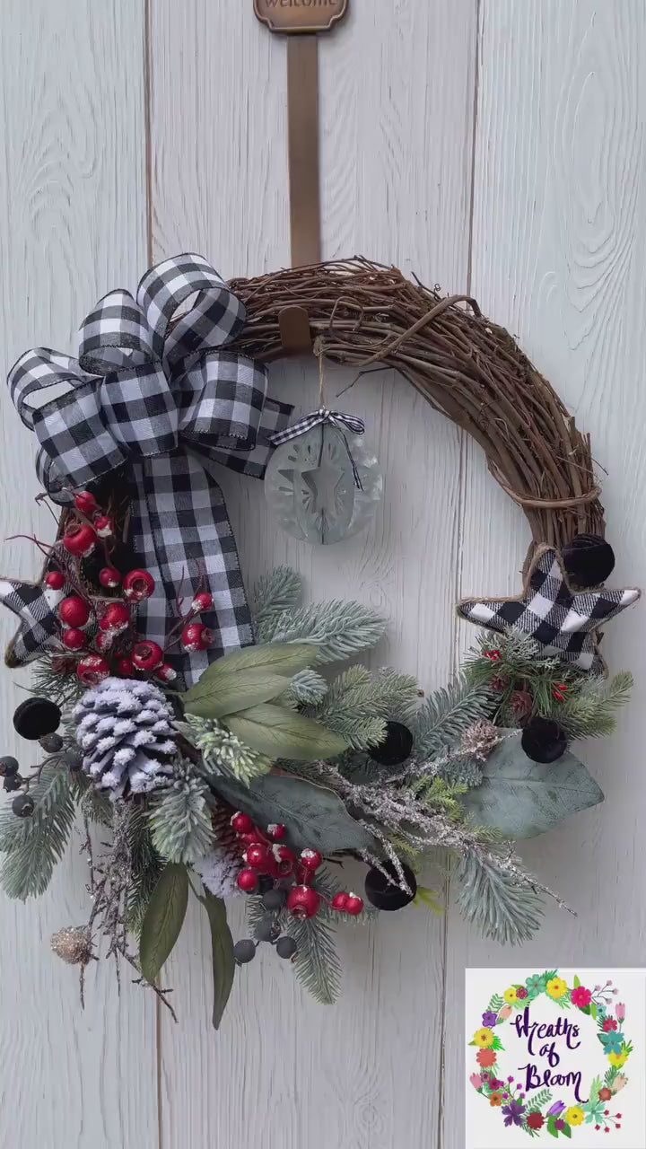 Christmas Wreath Buffalo check bow 22”, Pine, magnolia, berry, farmhouse decor with black and white, rustic holiday wreath, winter design,