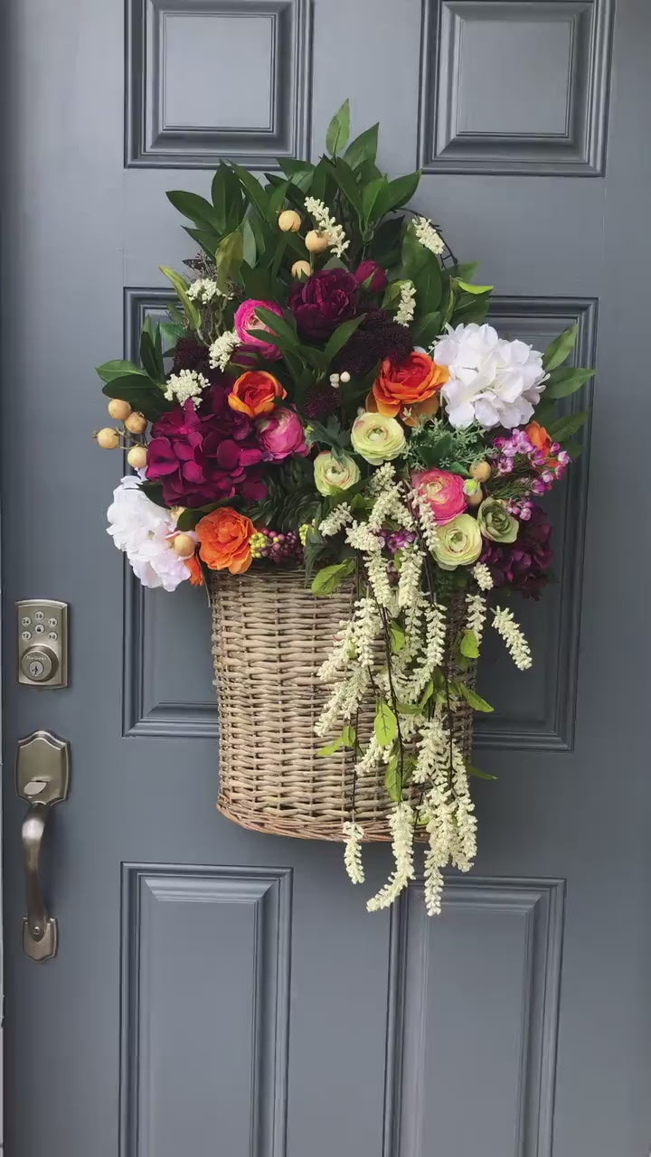 Front Door Wicker Basket Wreath, 24” Long, Farmhouse Decor, Porch Decor, Wall Decor,Housewarming Gift, Hydrangea Basket Front Door, Succulen